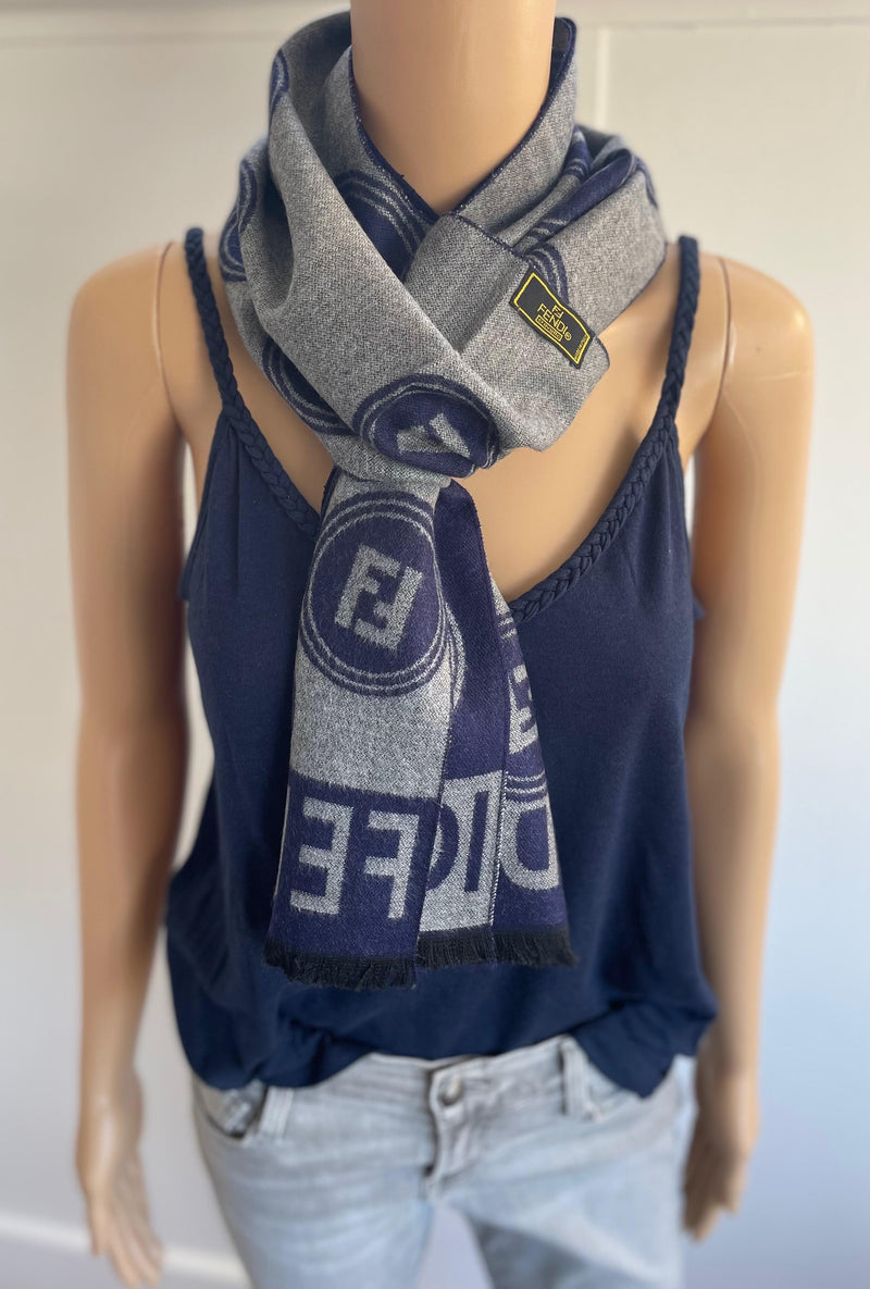 Fendi Navy and Grey Merino Wool Scarf