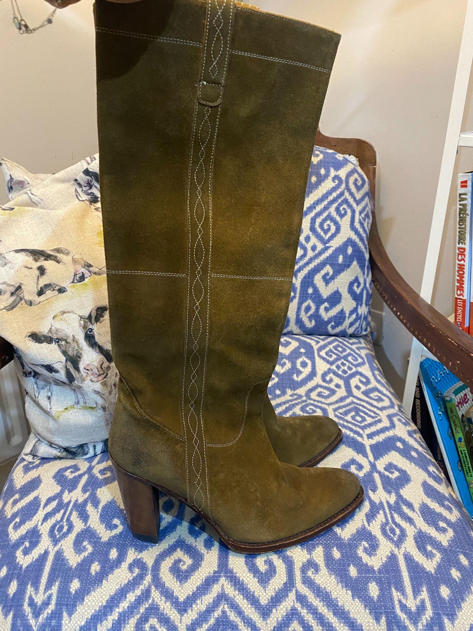 Khaki Suede Embroidered Knee Boots