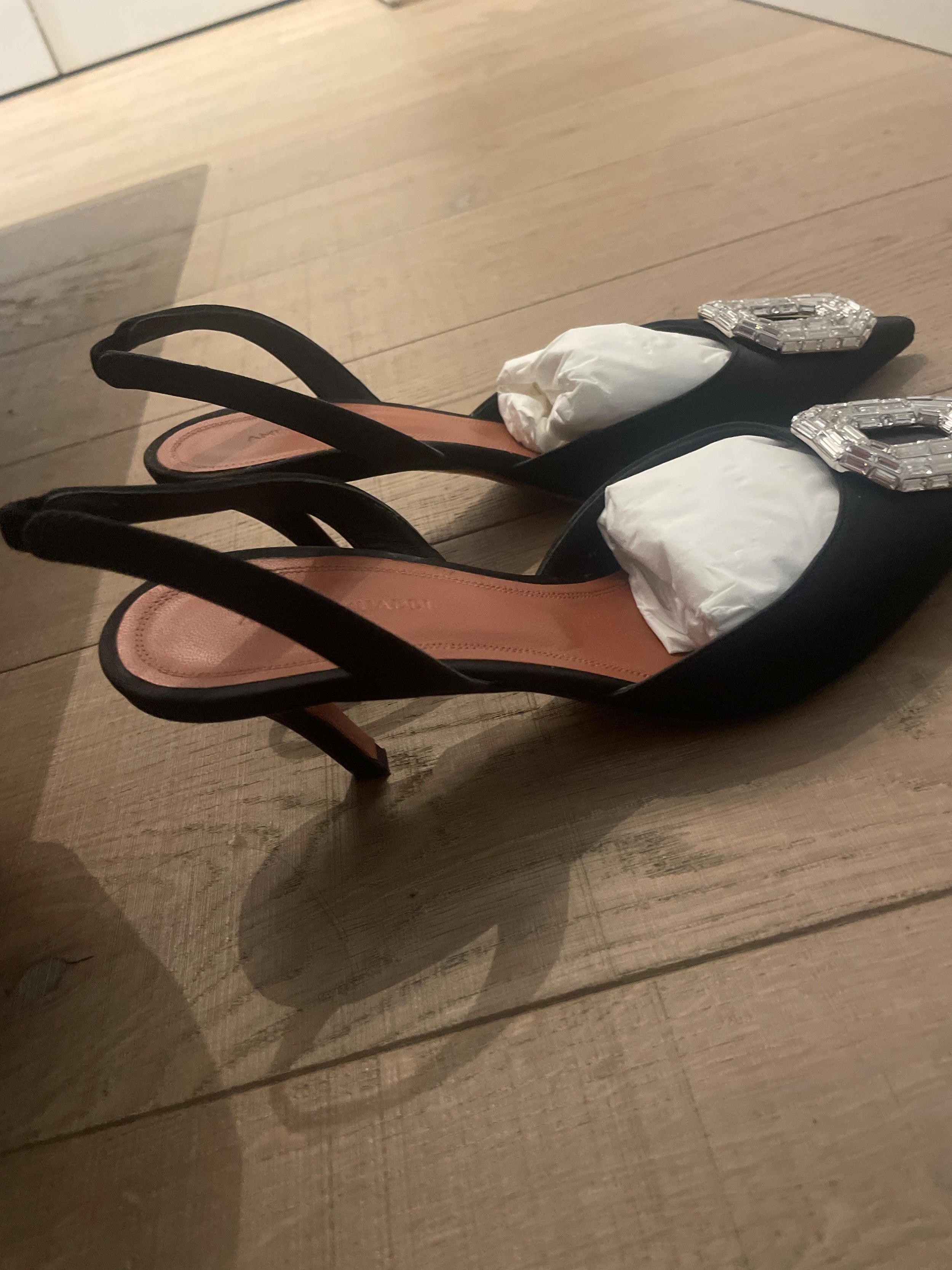 Amina Muaddi Black Satin Camelia Sling Back