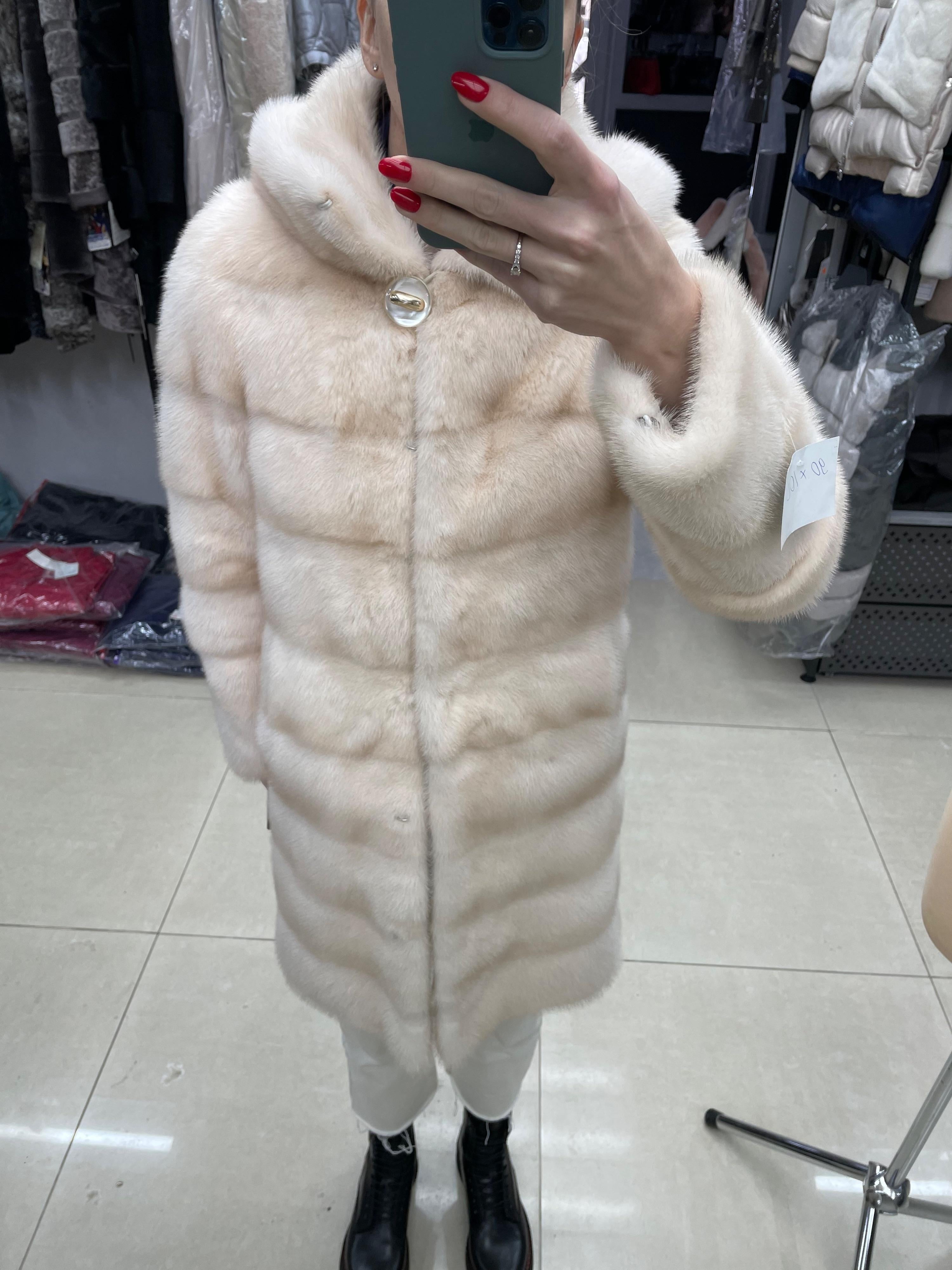 Beige Mink Fur Hooded Coat