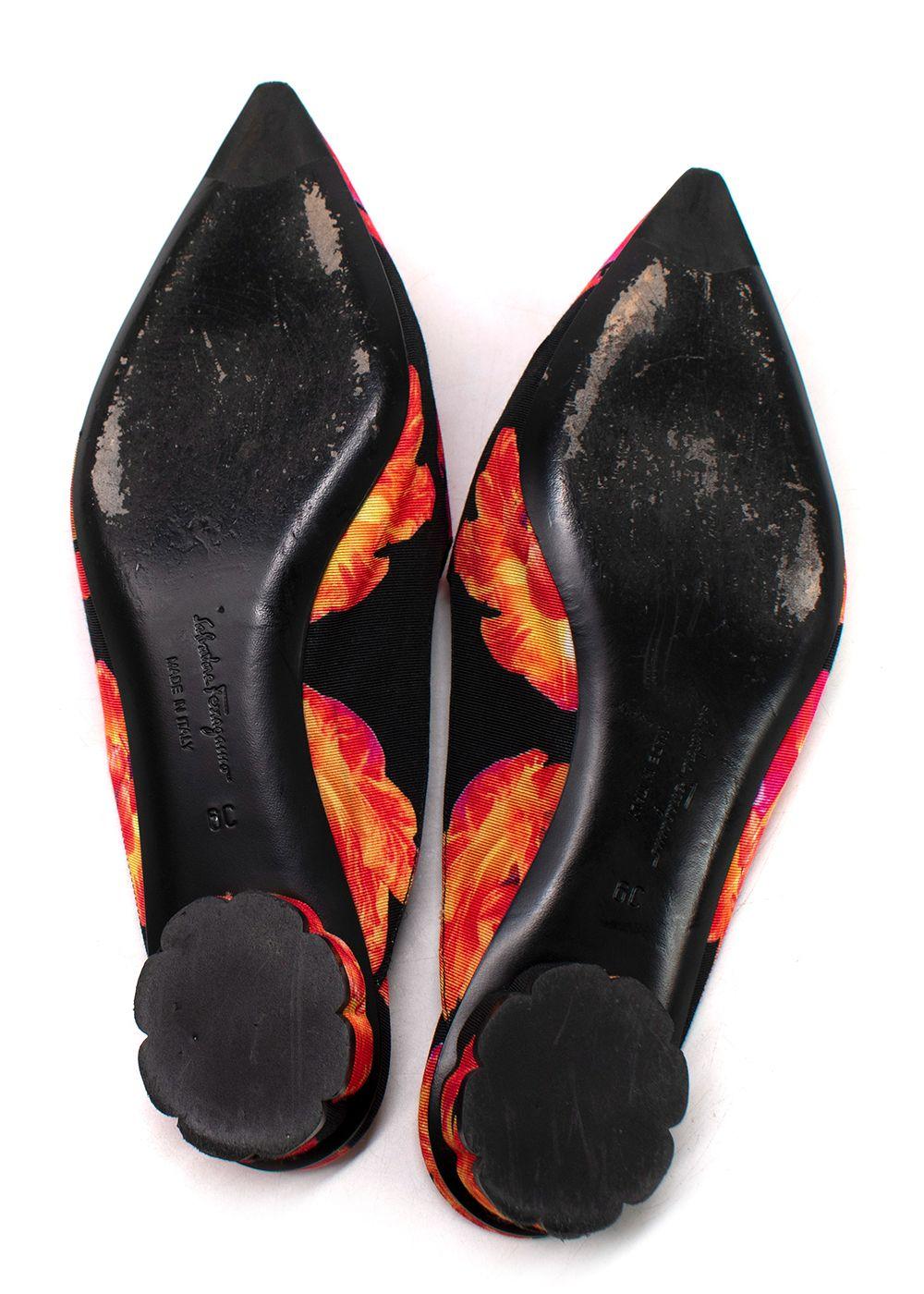Salvatore Ferragamo Red and Black Floral Pointed Mules