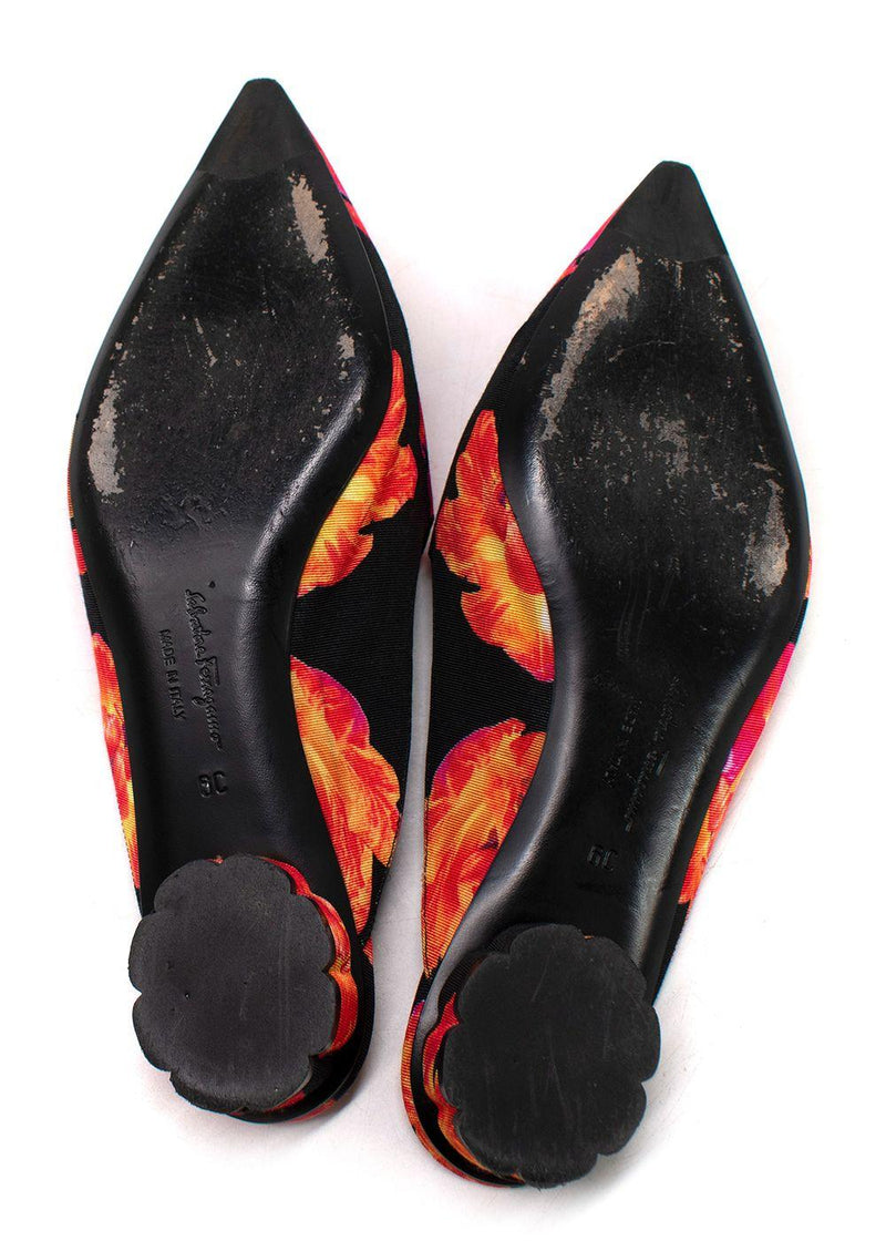 Salvatore Ferragamo Red and Black Floral Pointed Mules