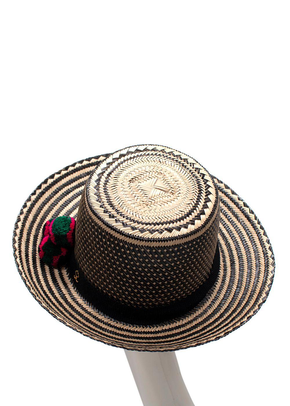 Yosuzi Striped Pom Pom Straw Fedora Hat