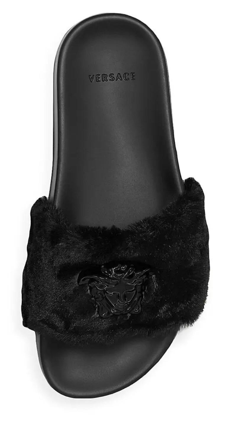 Versace Black Faux Fur Medusa Slides