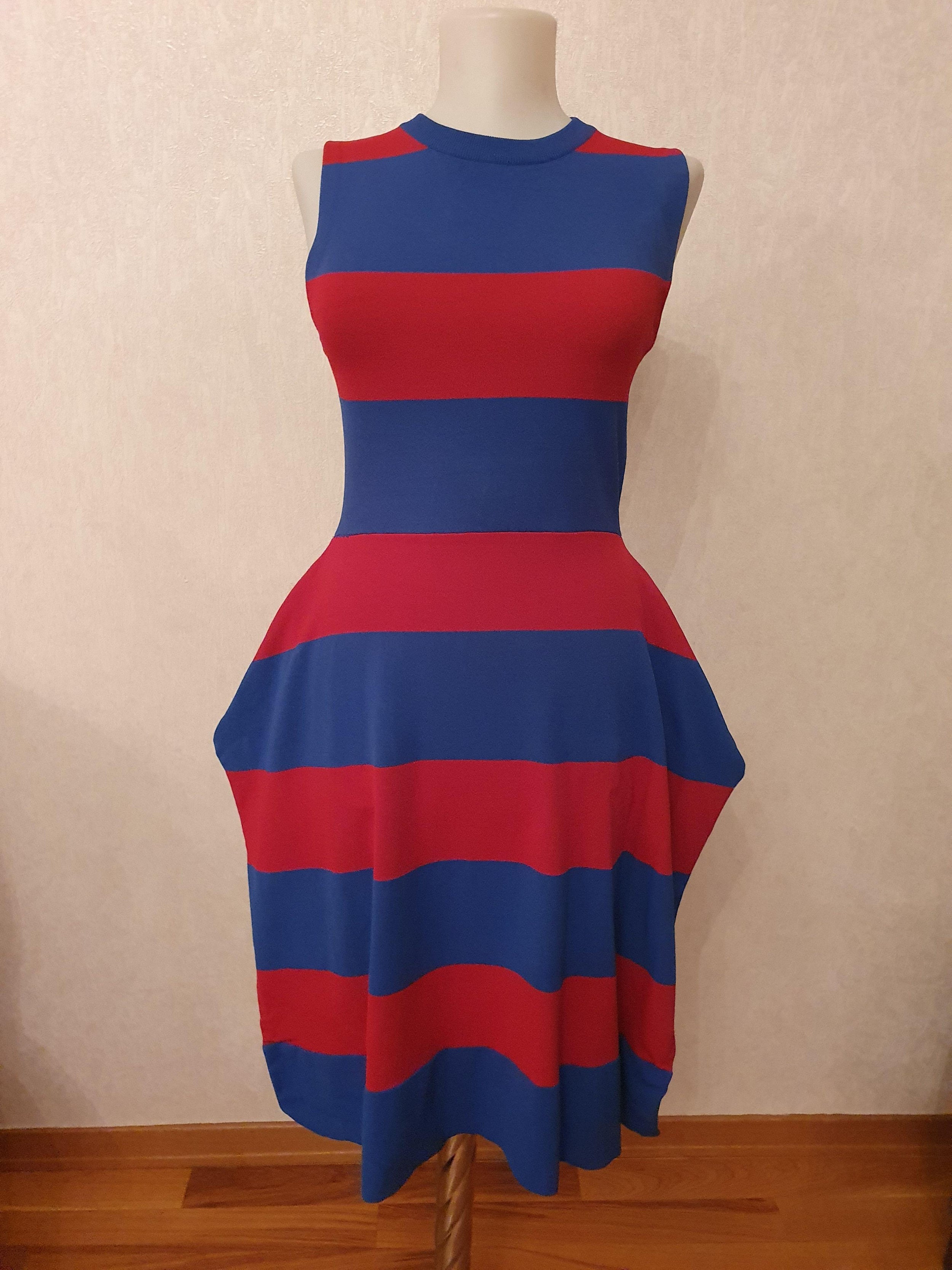 Red & blue striped cotton t-shirt dress