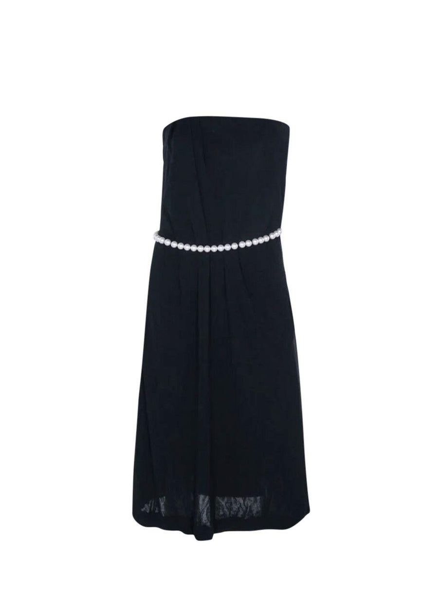 Black Strapless Faux Pearl Belt Detail Dress