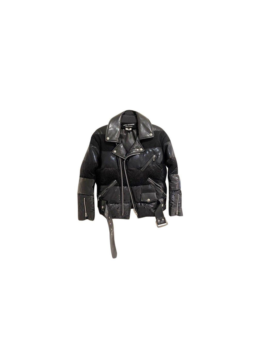 Black faux-leather & fabric patchwork padded biker jacket
