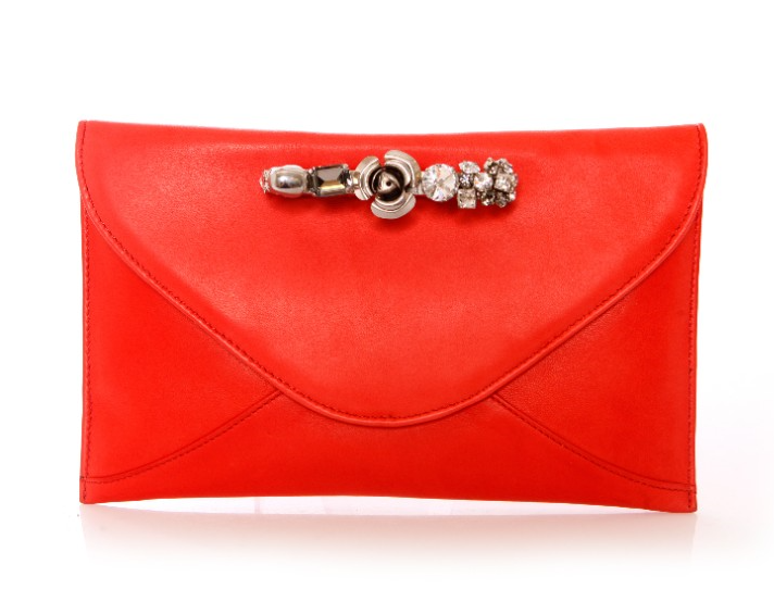 Maison Du Posh Red Leather Swarovski Knuckle Clutch