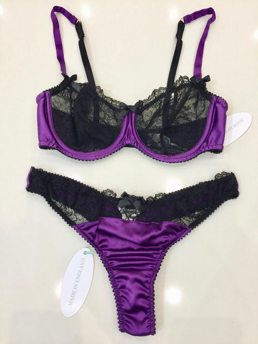 Lucile Purple Silk & Black Leavers Lace Underwired Bra & Thong Set