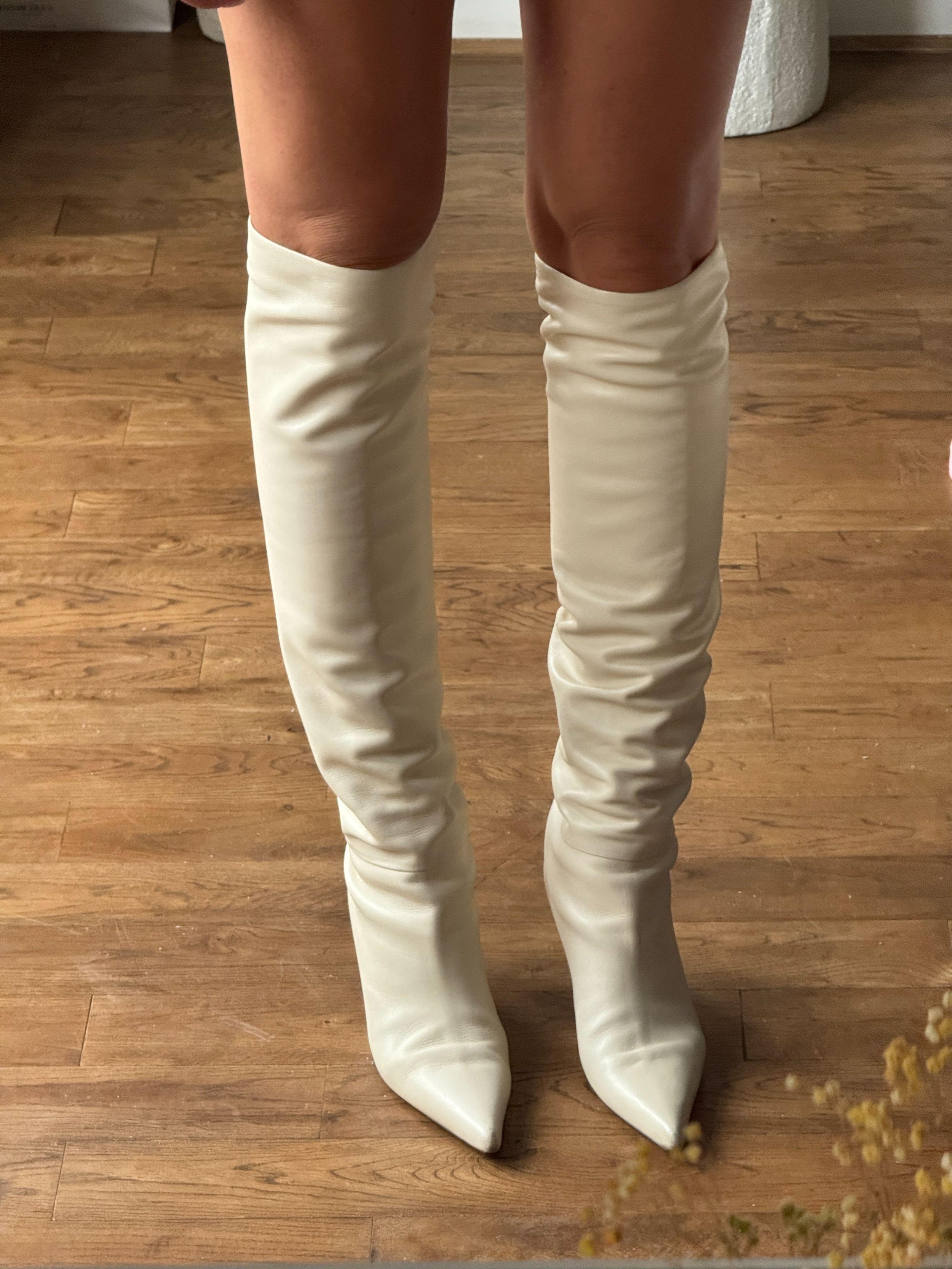 The Row Cream Calfskin Bourgeoisie Over-the-Knee Boots