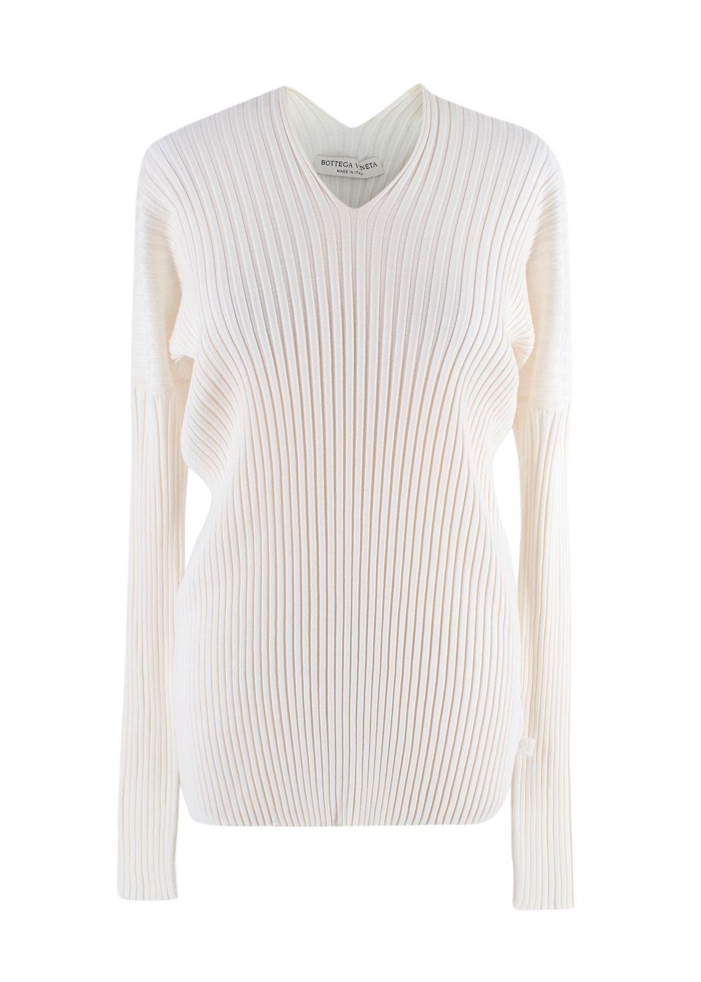 Bottega Veneta Ivory Long Sleeve Ribbed V-Neck Top