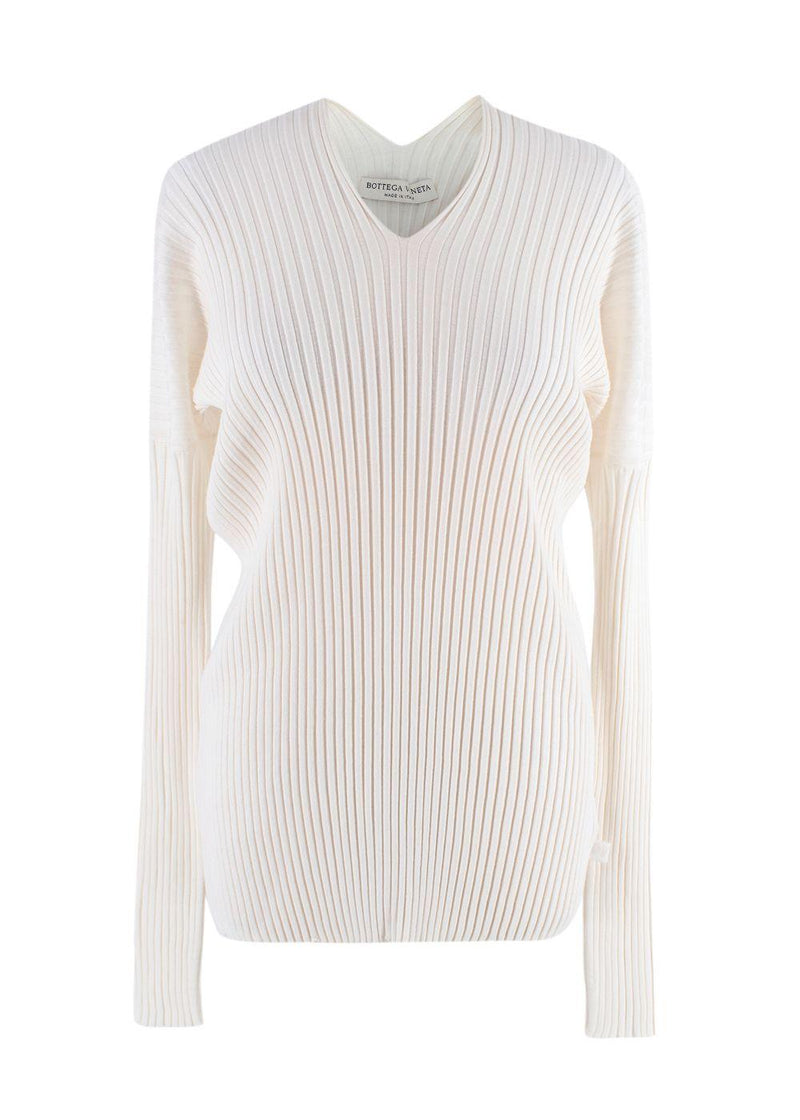 Bottega Veneta Ivory Long Sleeve Ribbed V-Neck Top