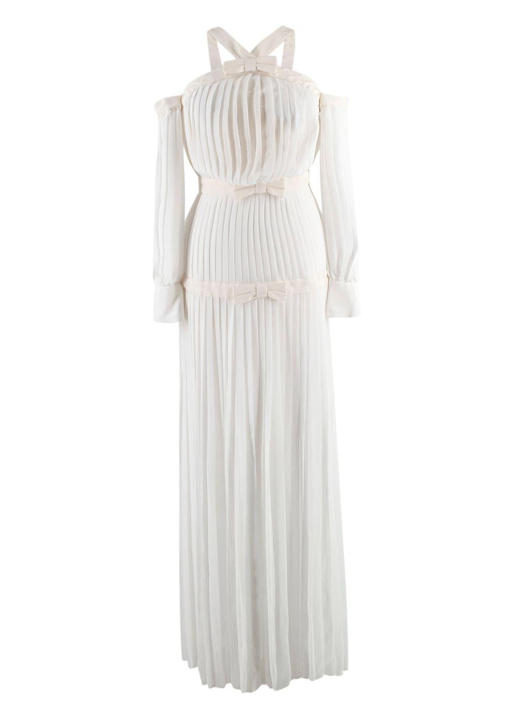 Alessandra Rich White Silk Plisse Dress With Bows