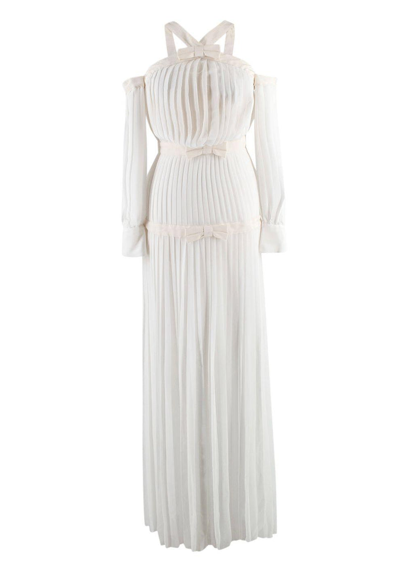 Alessandra Rich White Silk Plisse Dress With Bows