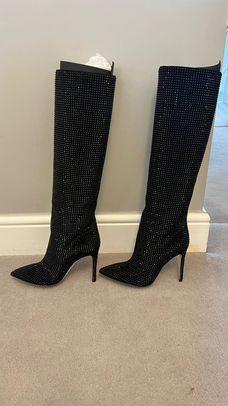 Holly crystal-embellished suede knee boots