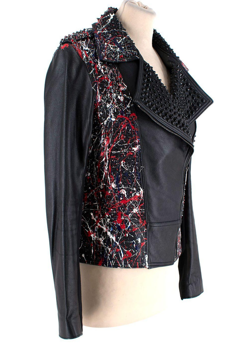Black Leather Studded Jacket With Paint Splatter Effect