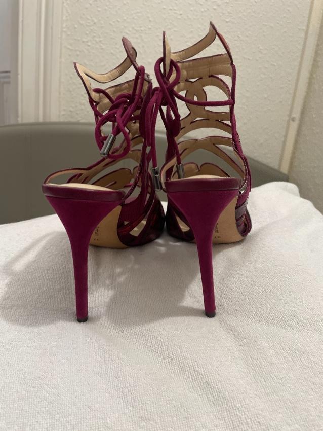 Alexandre Birman Burgundy Suede & Snakeskin Cage Sandals