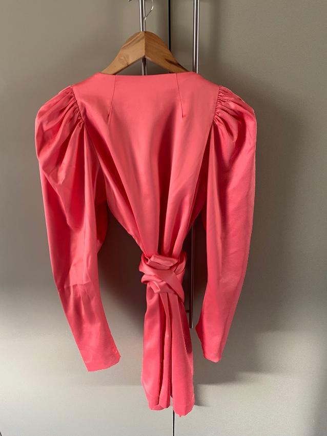 Rotate Birger Christensen Satin Coral Puff Sleeve Wrap Dress