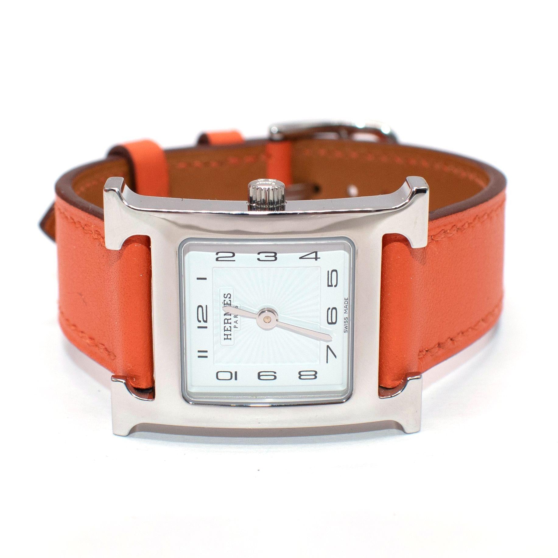 Hermes Small "Heure H" Watch With Orange Strap