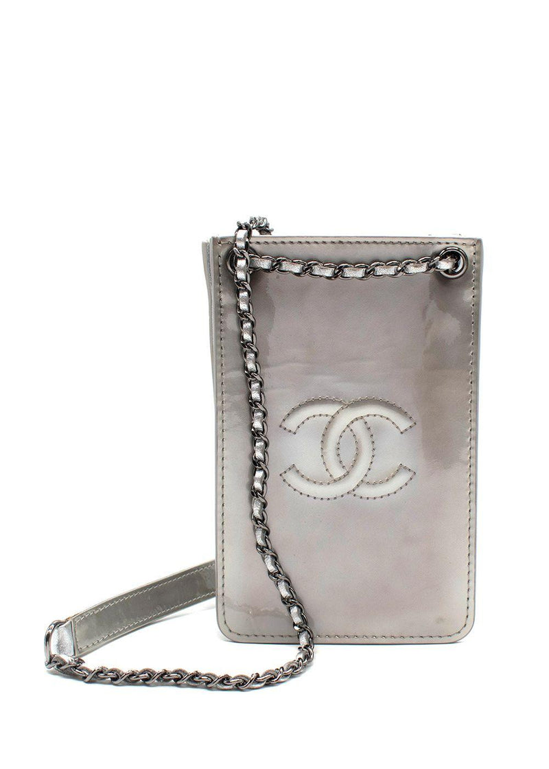 Chanel Silver Patent Leather Crossbody CC Phone Bag