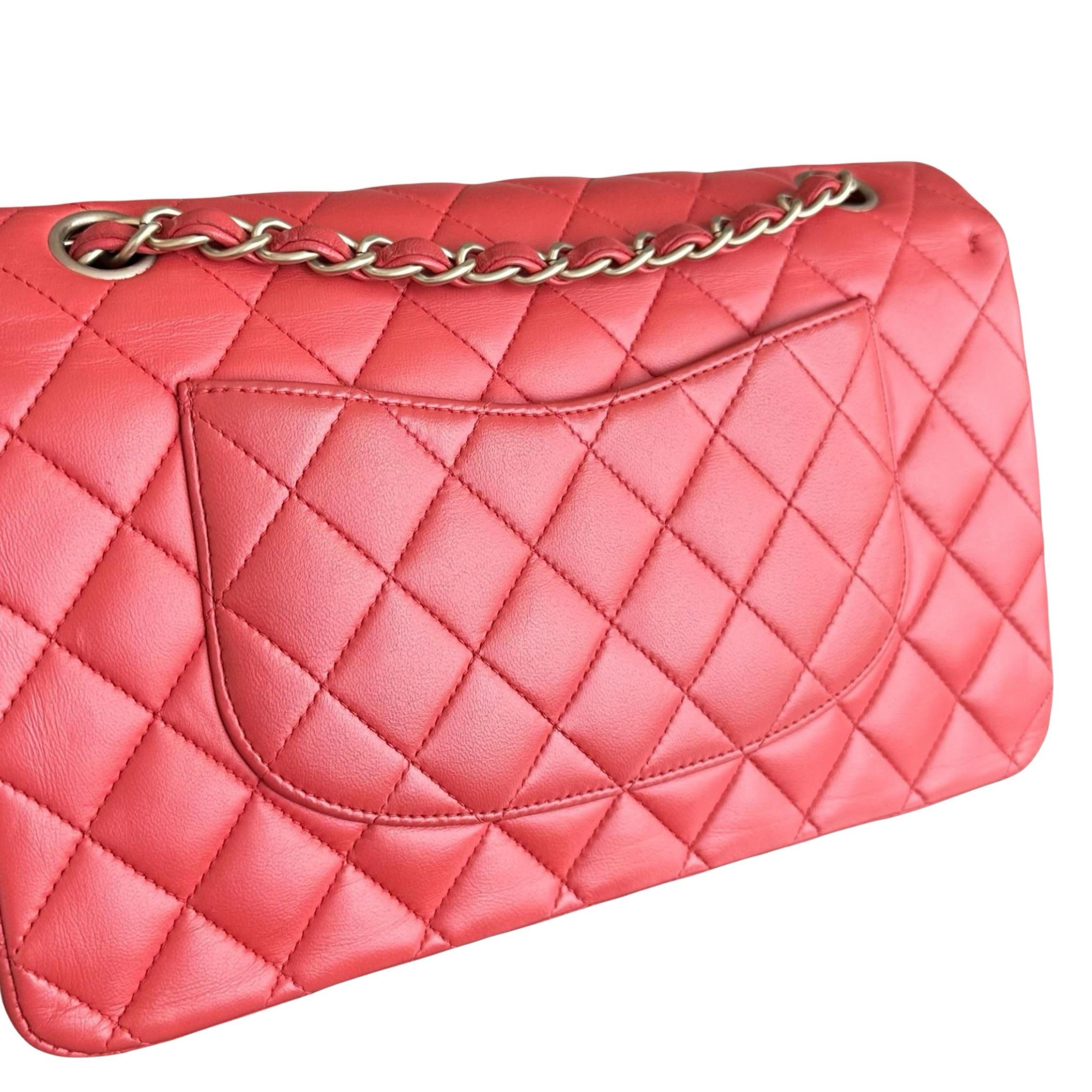 Chanel Red Lambskin Medium Double Flap Bag with Brushed Gold Hardware