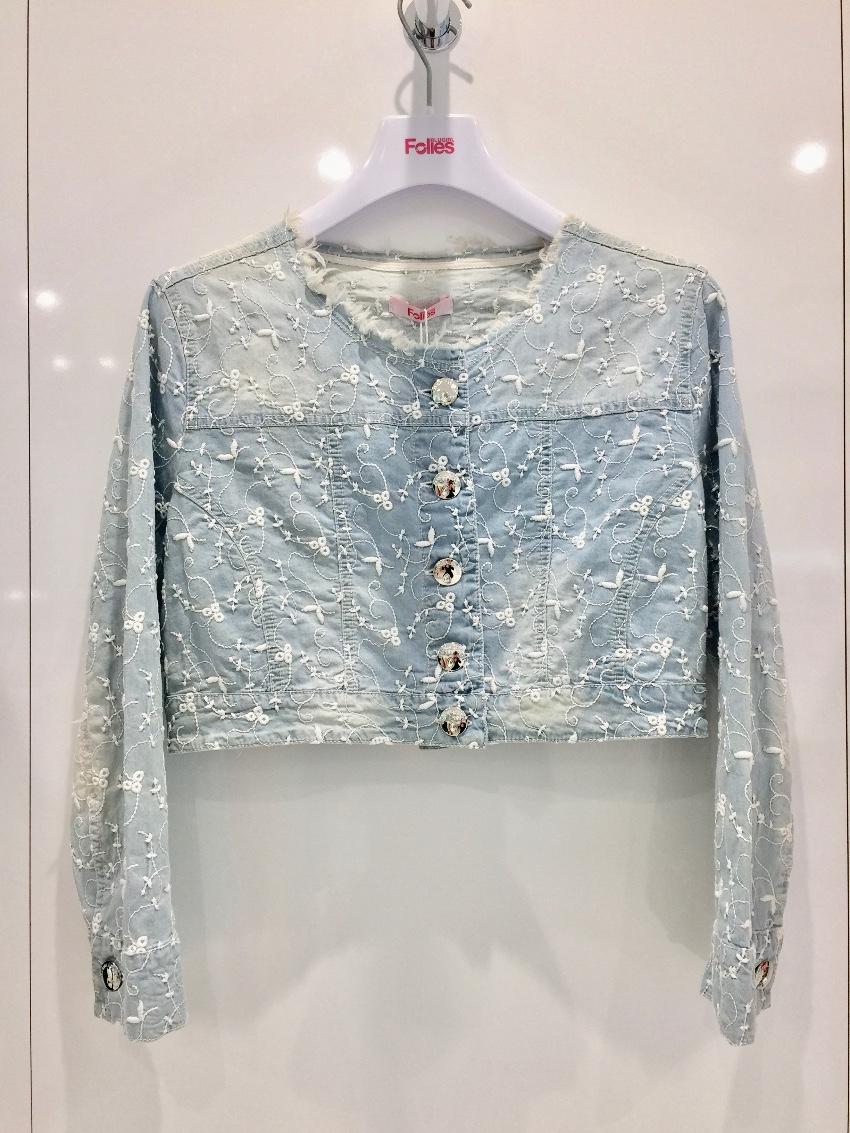 Blumarine Filigree Embroidered Pale Blue Cropped Jacket