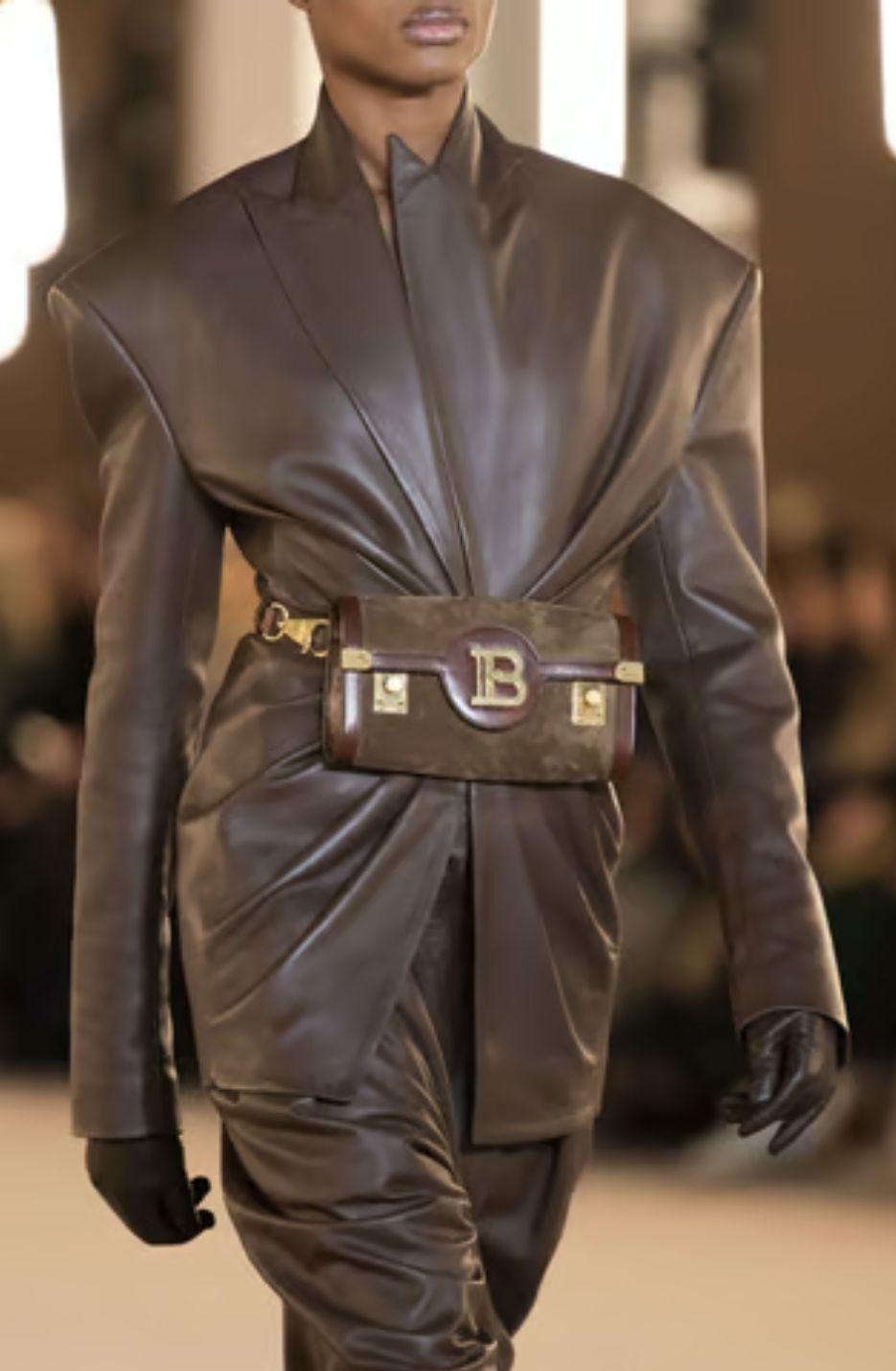 Balmain Brown Ruched Leather Blazer