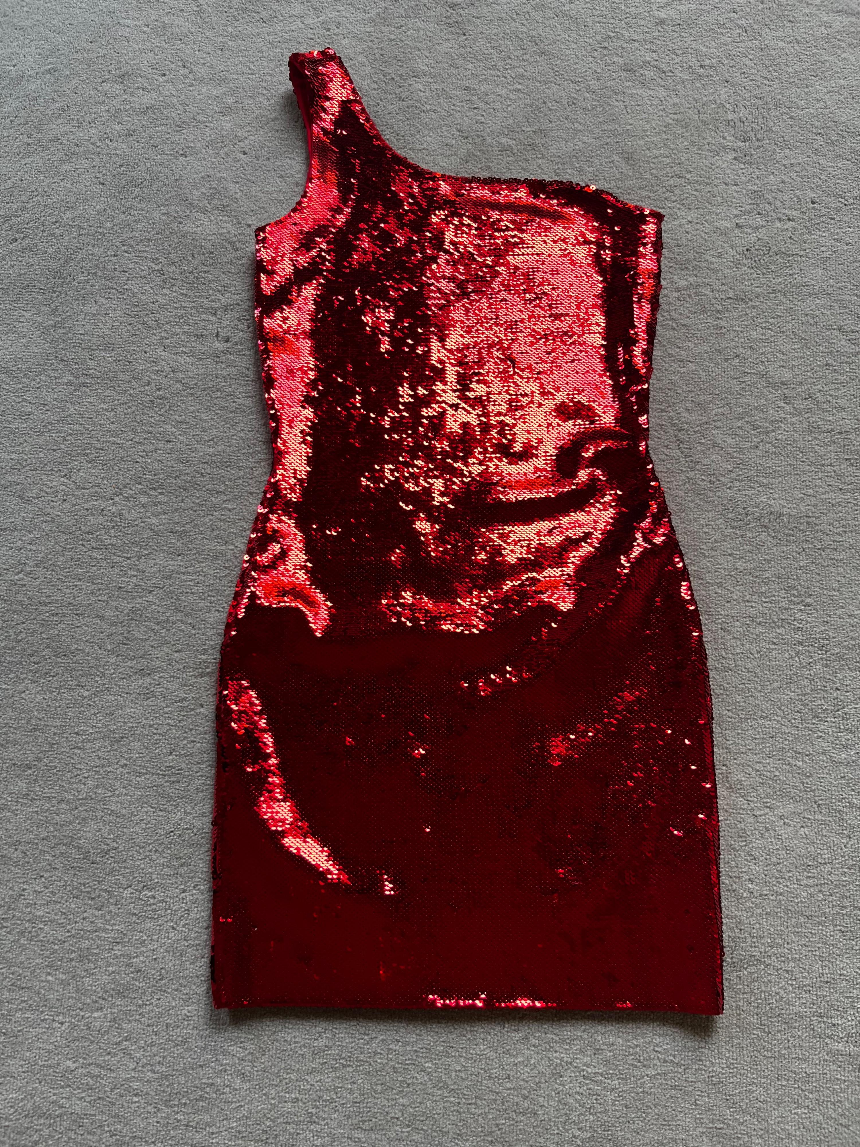 Saint Laurent Red Sequin One Shoulder Mini Dress