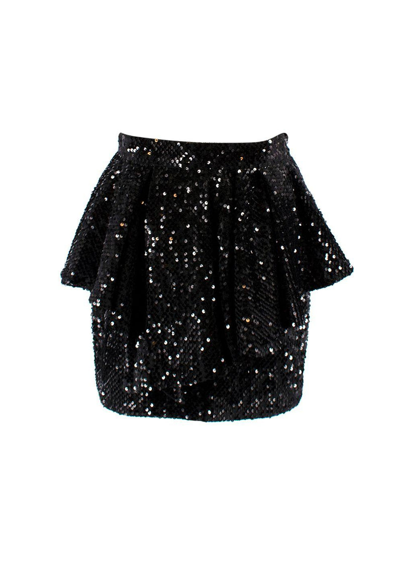 Black Sequinned Peplum Mini Skirt