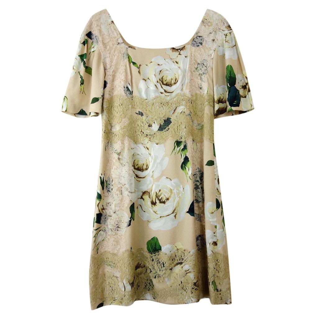 Dolce & Gabbana Beige Floral Print Lace Panelled Shift Dress