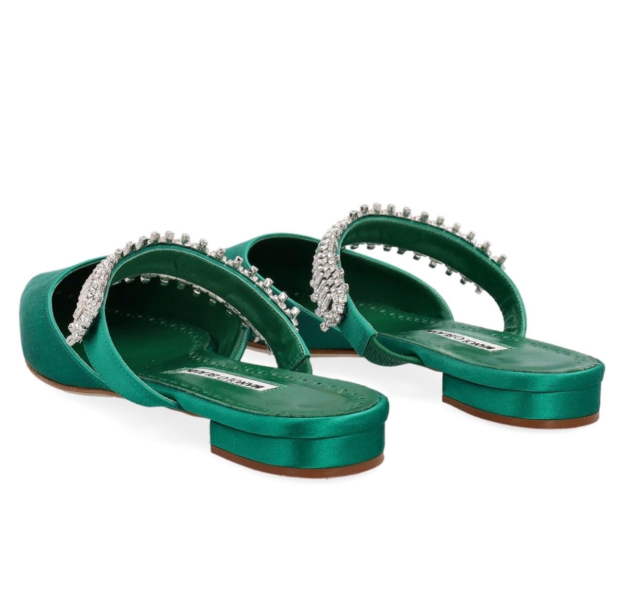 Emerald Green Satin Lutara Crystal Flats