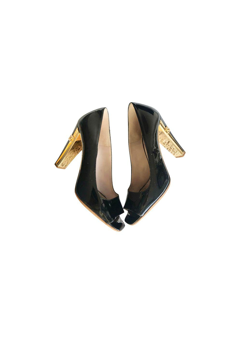 Black Contrast Heel Open Toe Pumps