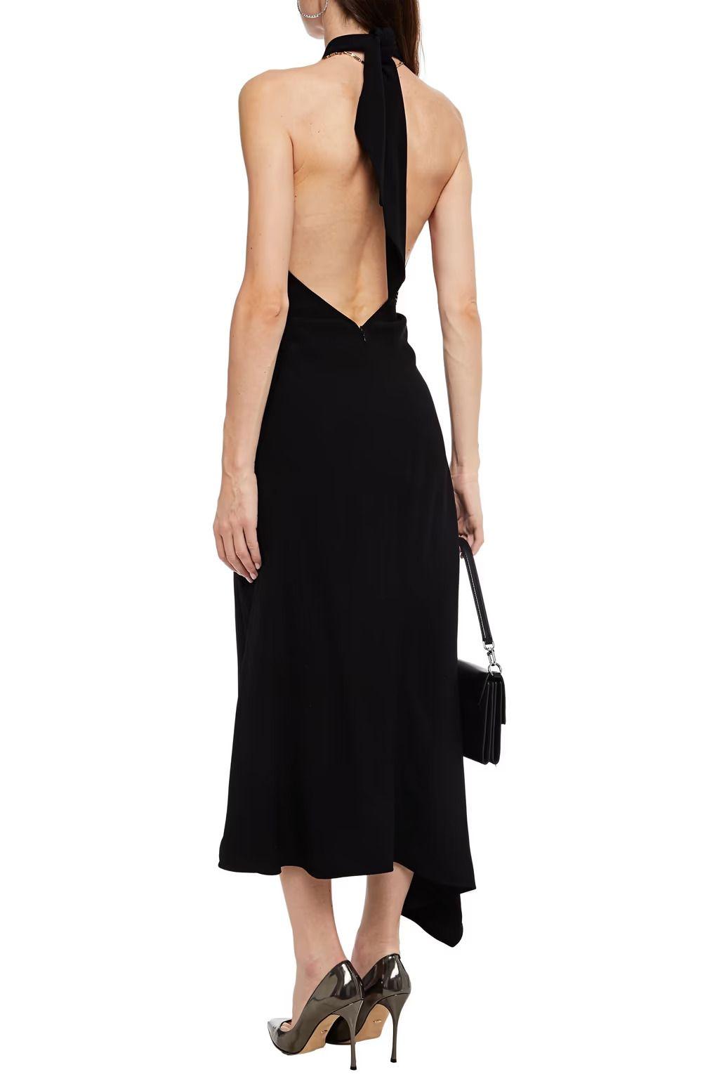 Black Crepe Chain Detail Asymmetric Midi Dress