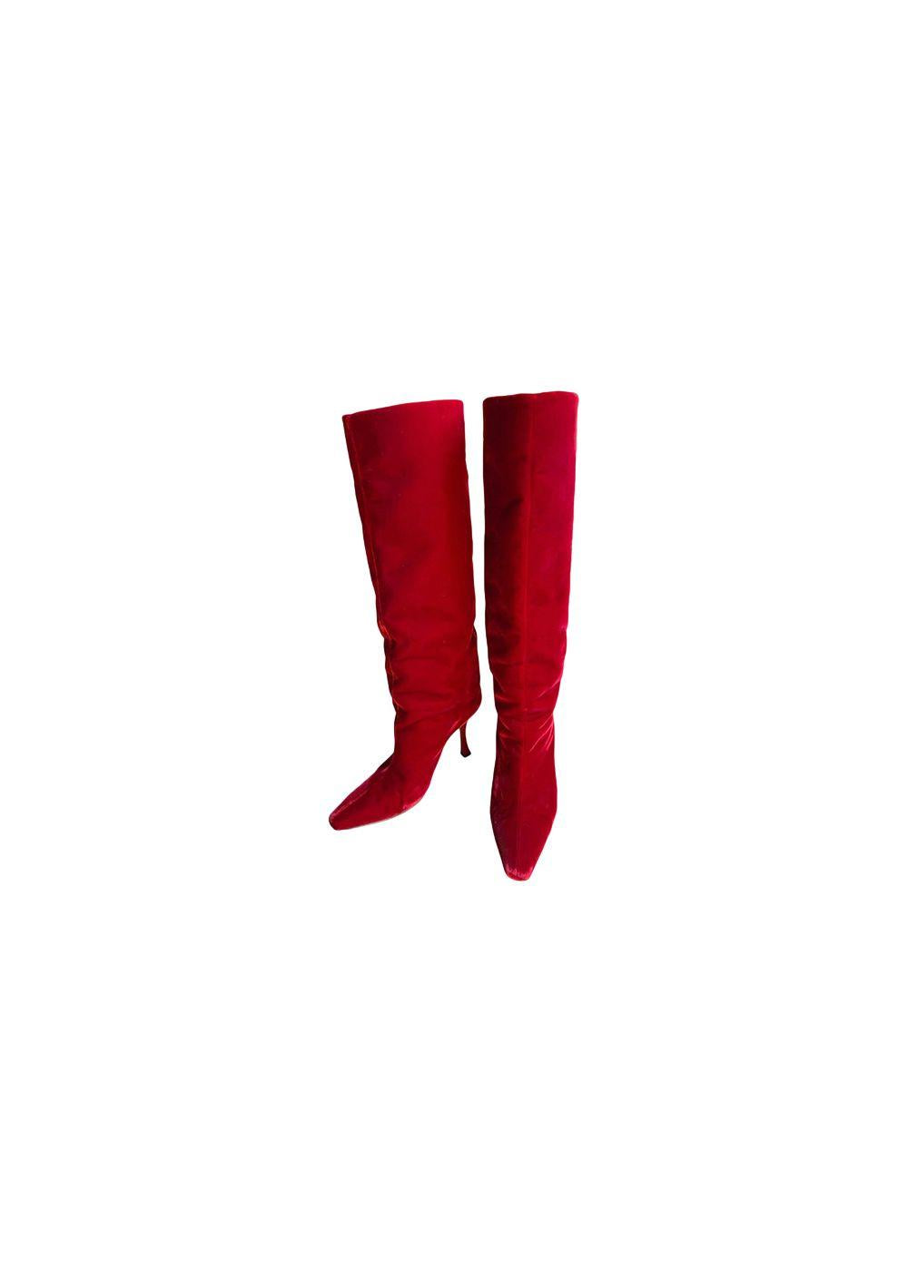 Red velvet long heeled boots