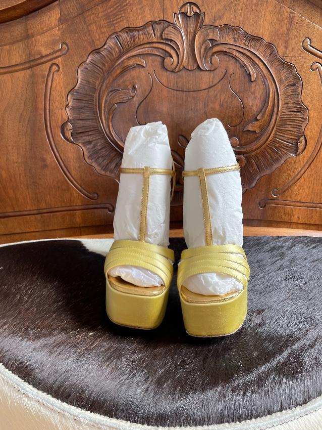 Miu Miu Gold Leather & Yellow Satin Platform Sandals