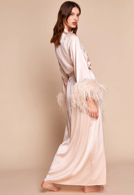 Gilda and Pearl Pink Camille Feather Trim Silk Robe