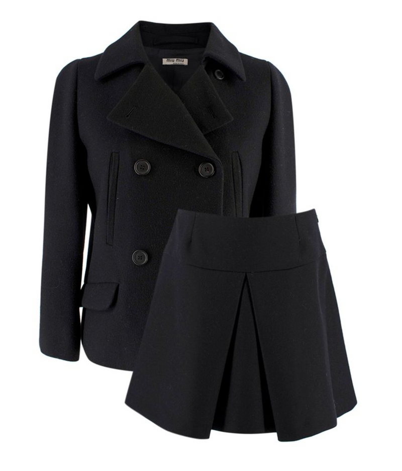 Miu Miu Black Wool Blend Double Breasted Jacket & A-line Mini Skirt