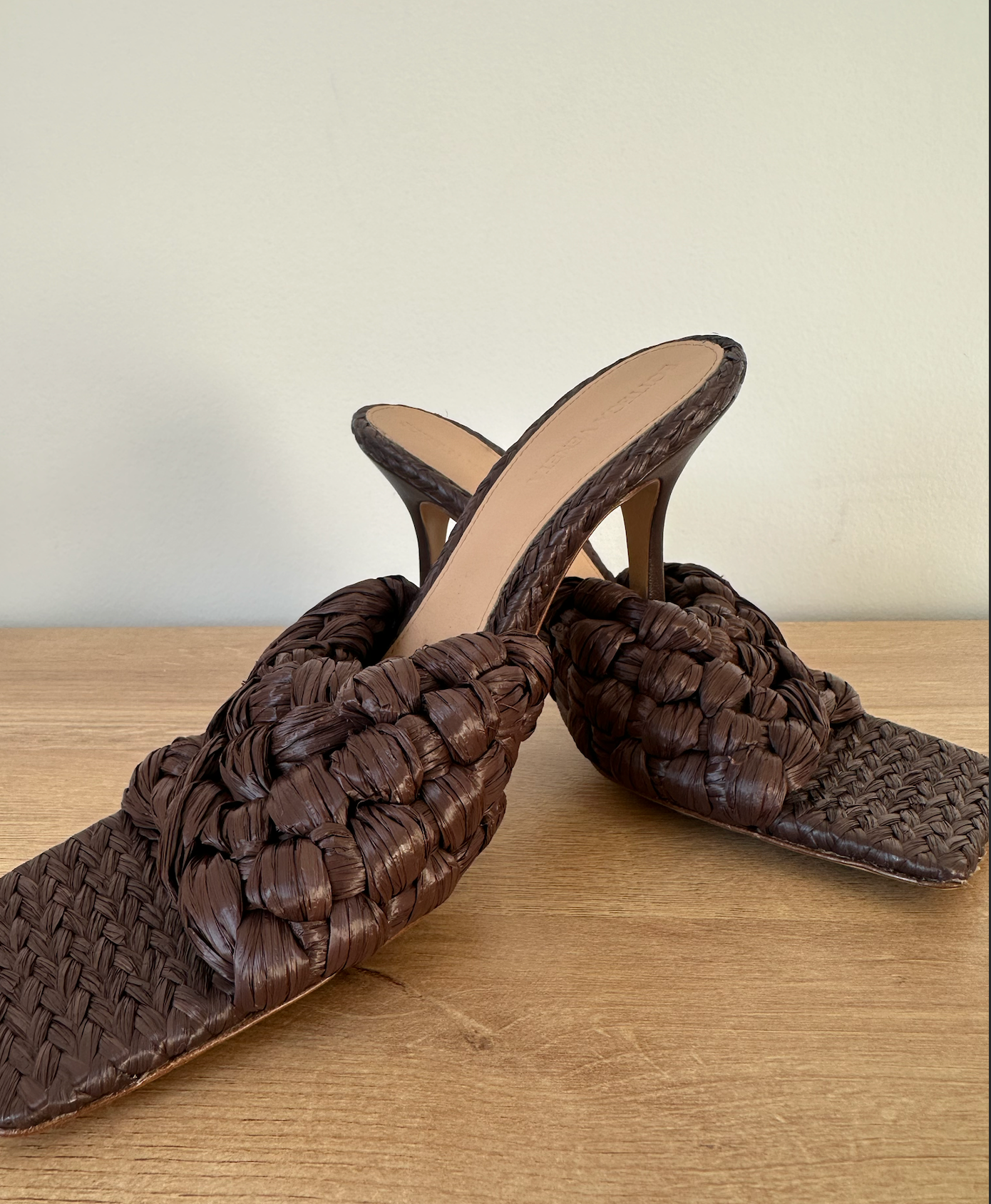 Brown Rafia Intrecciato Stretch Heeled Mules