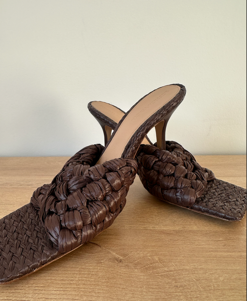 Brown Rafia Intrecciato Stretch Heeled Mules