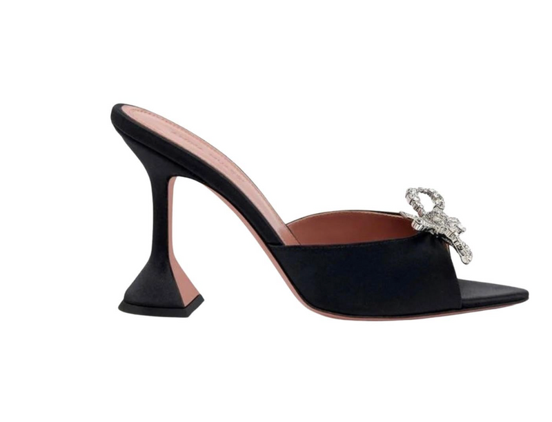 Amina Muaddi Black Satin Embellished Mules