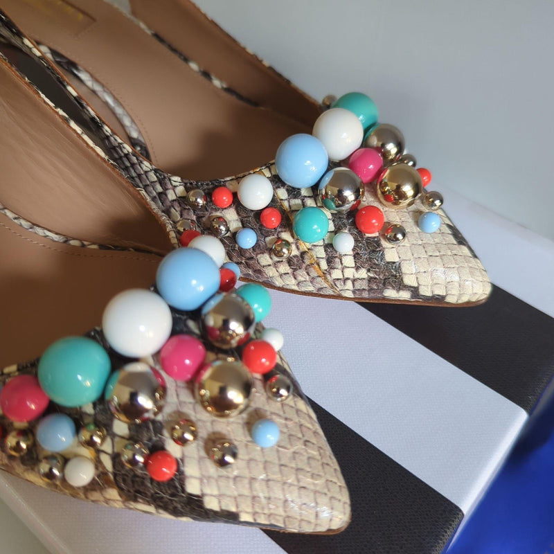 Snakeskin embellished Bon Bon slingback heeled pumps