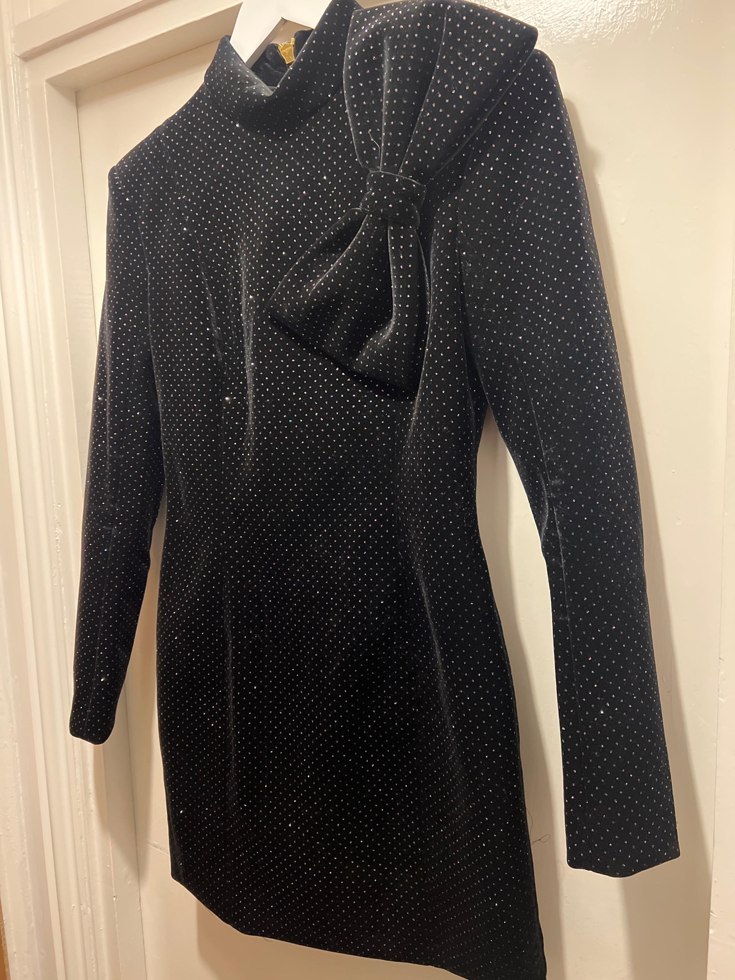 Balmain Black Velvet Embellished Mini Dress with Bow Detail