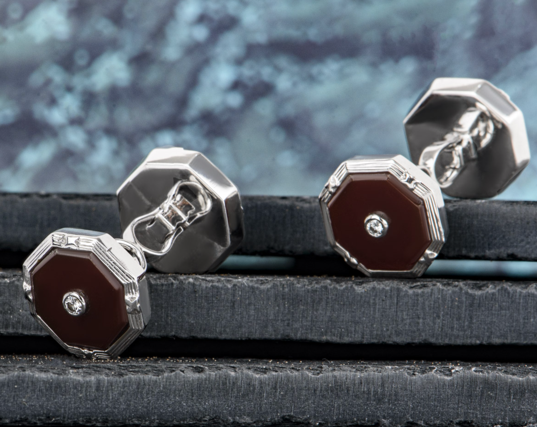 18ct white gold, diamond & red onyx cufflinks