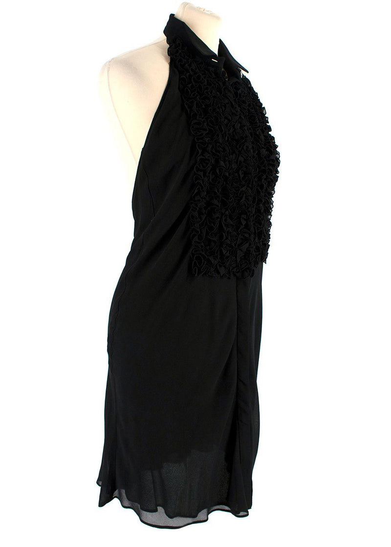 Black Ruffled Bib Silk Halterneck Dress