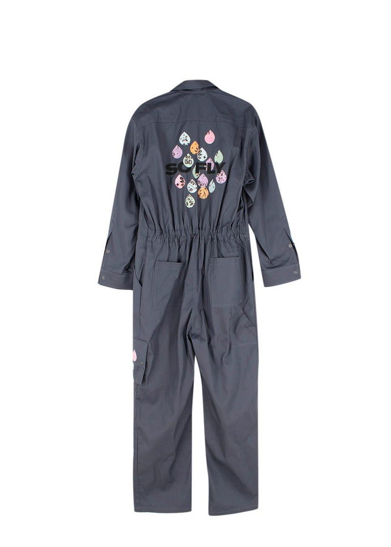 Blue-grey cotton twill printed boilersuit