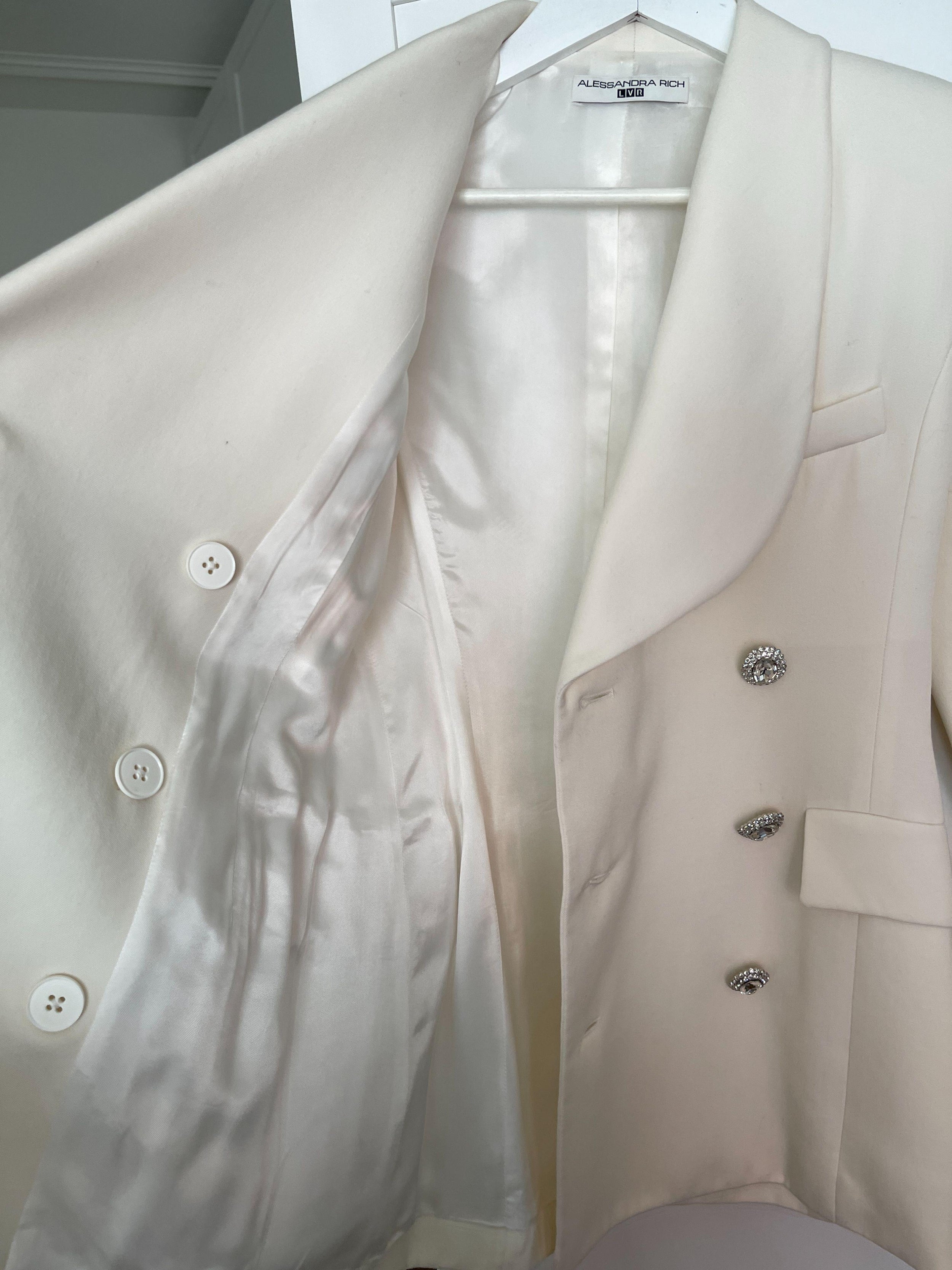 Alessandra Rich Cream Double Breasted Blazer with Crystal Jewel Buttons