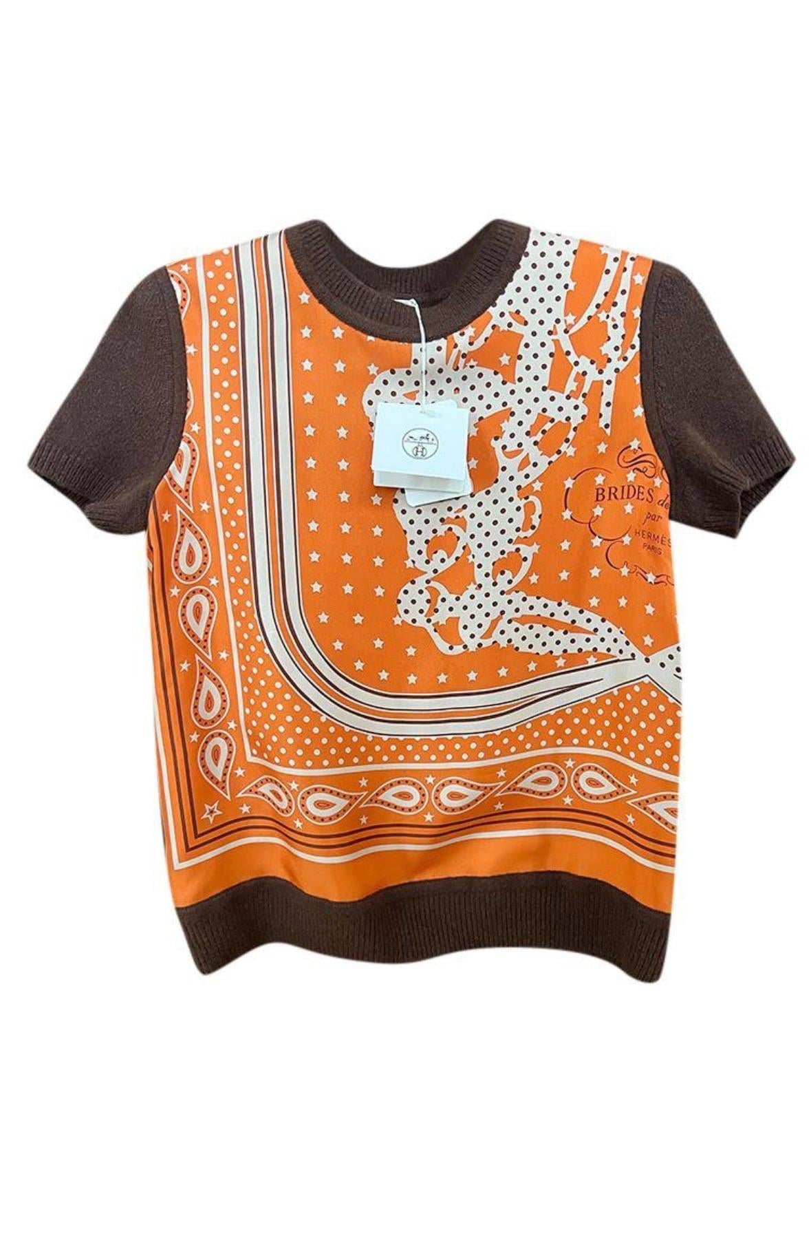 Hermes Orange and Brown Silk Blend Short Sleeve Twillaine Top