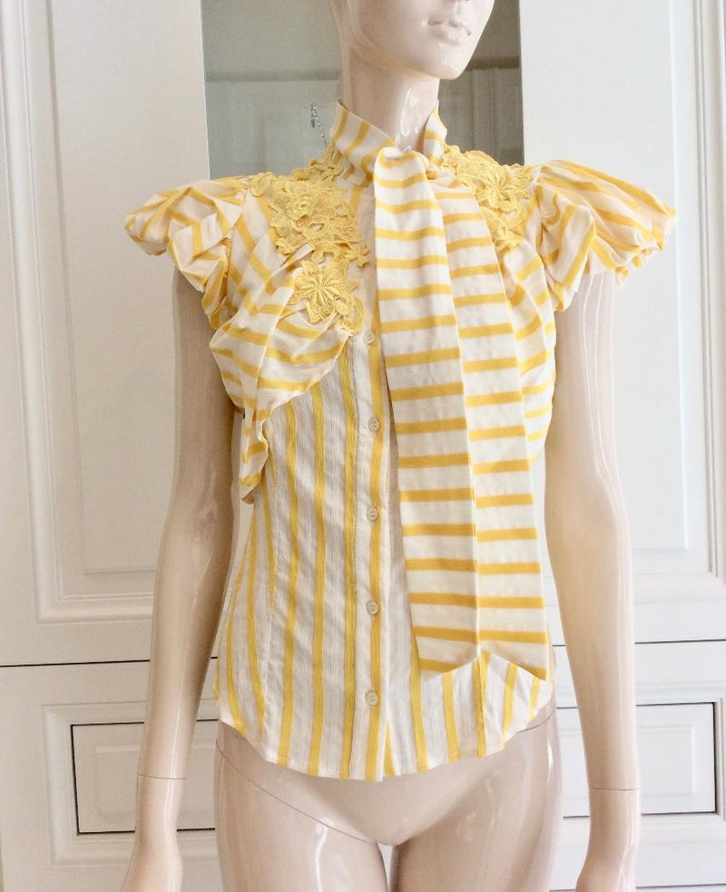 Gaetano Navarra Yellow and White Stripe Pussy Bow Blouse