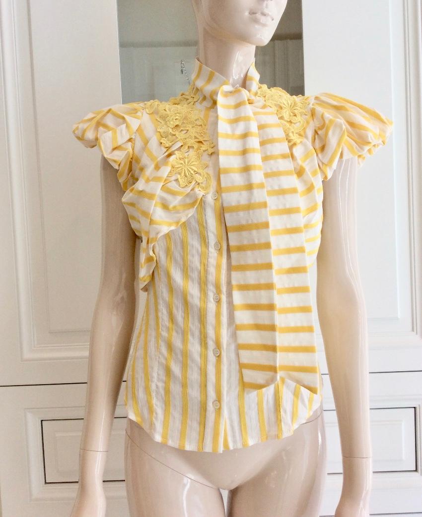 Gaetano Navarra Yellow and White Stripe Pussy Bow Blouse