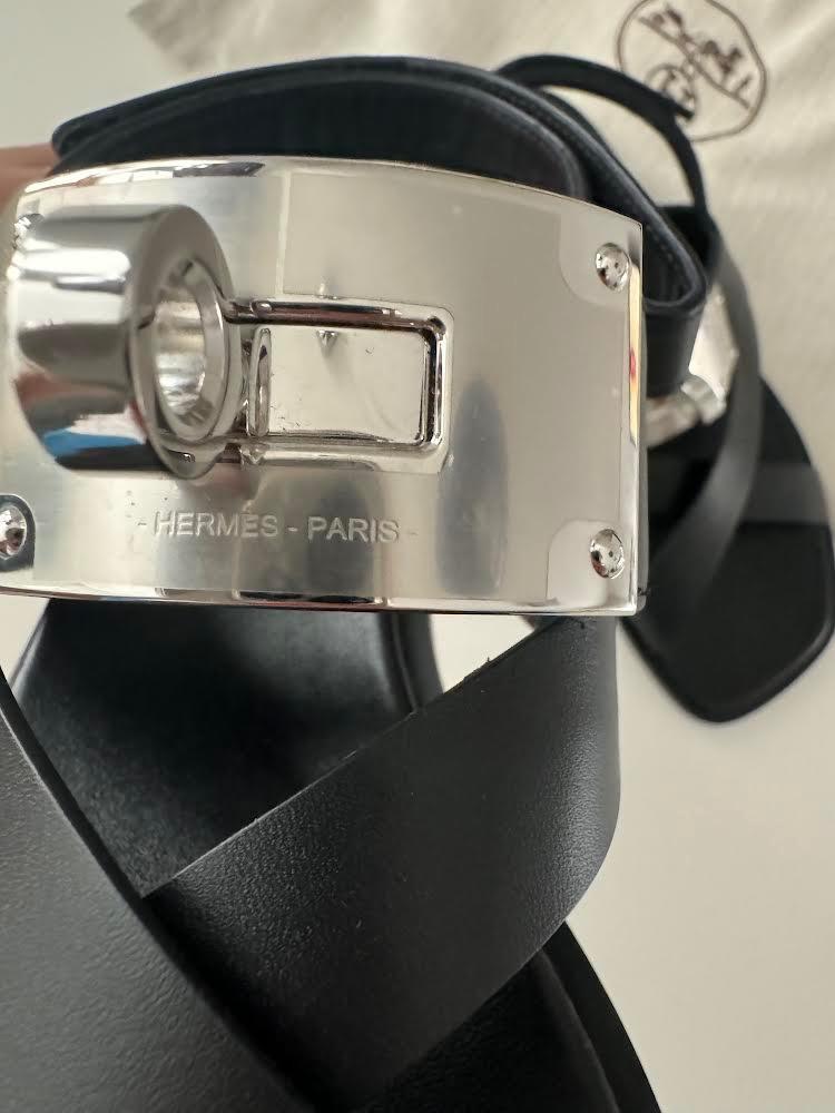 Hermes Black Leather Ines Sandals